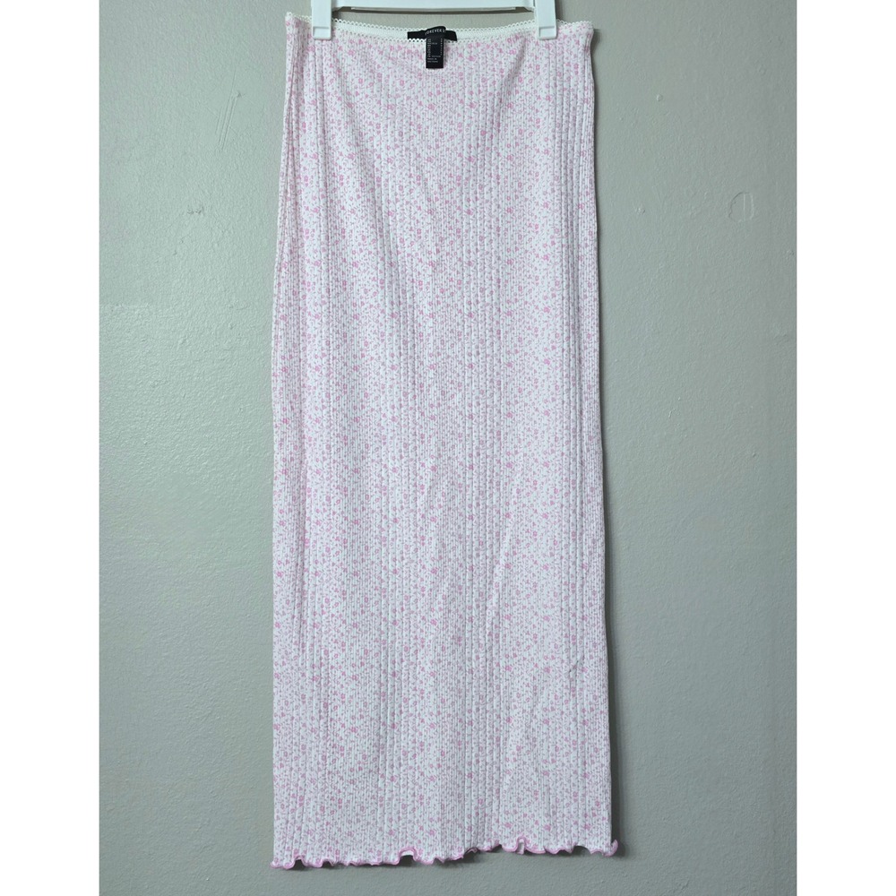 Forever 21 Women Pink Ditsy Floral Ribbed Knit Maxi Skirt Lettuce Edge Small